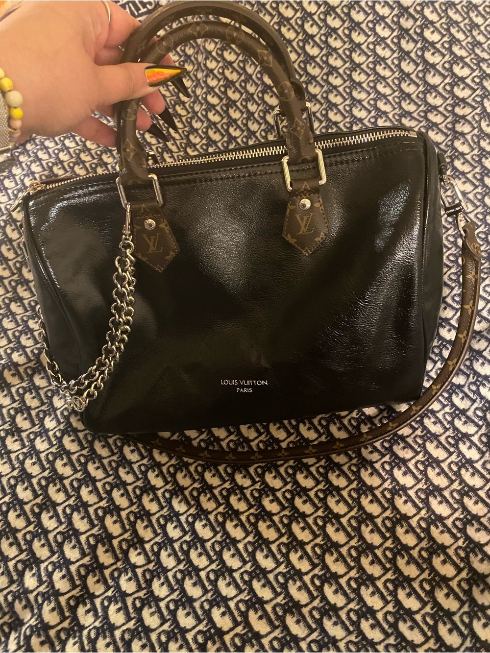 Louis Vuitton Black Patent Leather Satchel with Monogram Trim